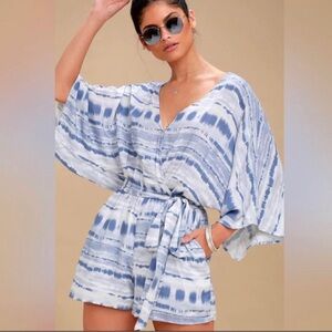 Lulus Real Breezy Lightweight Blue and White Tie-Dye Romper